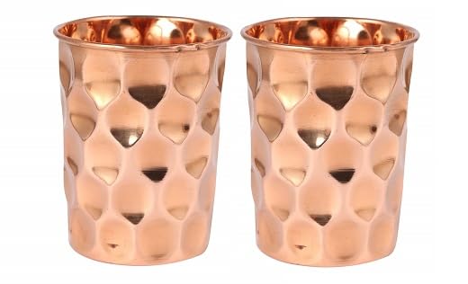 BishtHub Lot de 2 verres en cuivre pur avec motif diamant - 300 ml, GLASSES_DIAMOND_02