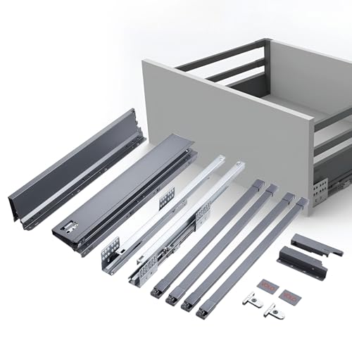 Image of VOLO Soft Close Tandem Drawer Slide System for Modular Kitchen - Double Gallery Metal Side Panels, Innotech Type, 50Kg Load Capacity | 1 Set | Grey, 8 Inch X 550MM /22 inch