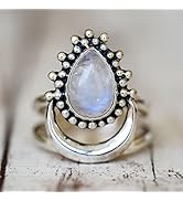 Gixaxak Natural Moonstone Silver Moon Shape Chain Link Solitaire Ring Teardrop Shape Genuine Gems...