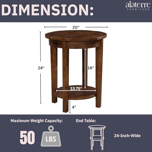 Alaterre Furniture Revive 20 Inch Round End Table with Bottom Shelf for Storage, and Unique Wood Characters - Modern Rustic Living Room Furniture