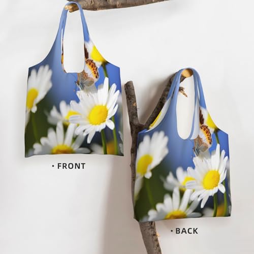 Canvas Tote Bag for Women Shoulder Tote Purse Reusable Grocery Bag Butterfly On Daisy Aesthetic Shopping Bags3