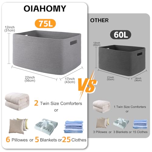 Image of OIAHOMY 75L Large Blanket Basket Woven Storage Basket with Handle Grey