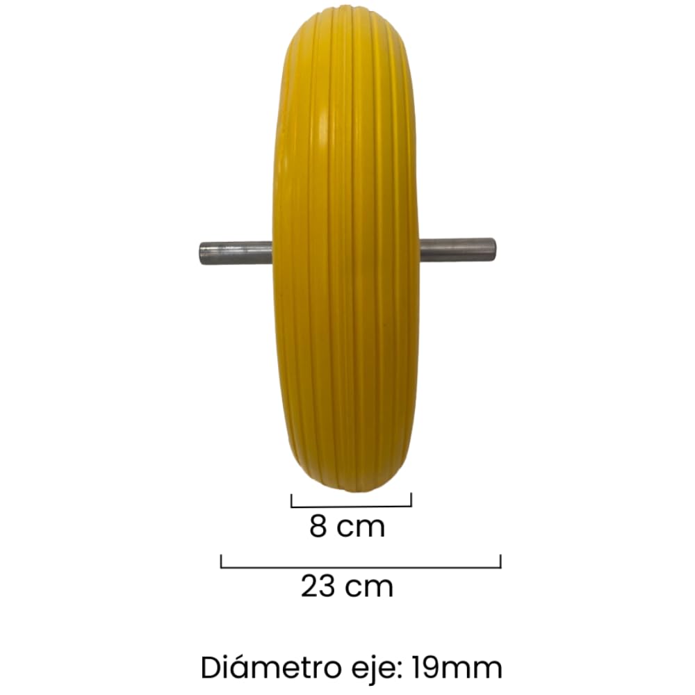 KEROPPA Rueda Maciza para Carretilla, Eje 1,9 cm, Con Llanta y Eje Metálico, Rueda Anti Pinchazos, Caucho, Diámetro de 37 cm, Resistente, Duradera, Amarillo