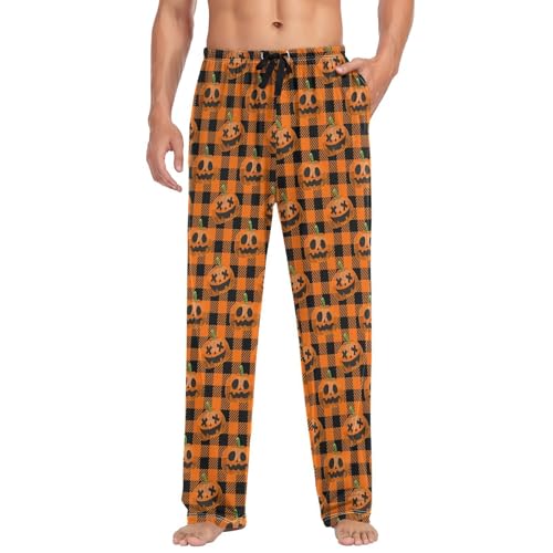 Men's Pajama Pants,Halloween Pumpkin Buffalo Plaid Lounge Lightweight Sleep Bottoms Pants with Pockets Size S-XXL3