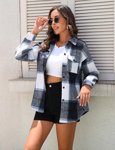 Zeagoo Damen Hemdjacke Karierte Bluse Langarm Hemd Mantel Flanell Jacke Herbst Übergangsjacke Blau S
