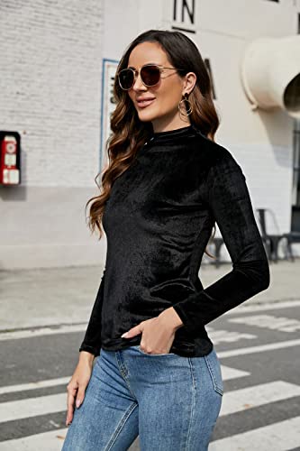 Paodikuai Women's Vintage Velvet Turtleneck Long Sleeve Top Blouse Velour Pullover (A2-Black, Small) #TOP1