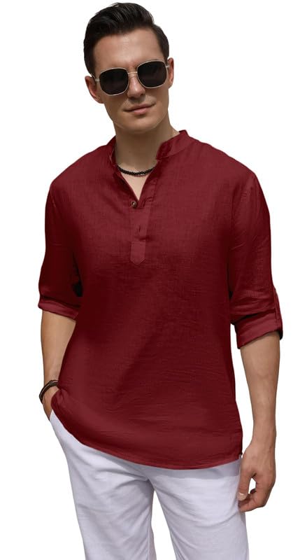 Image of ROYALSCOUT Men's Cotton Blend Casual Short Kurta Shirt with Notch Neck and Button Detail | Full Sleeve Straight Fit Lightweight Ethnic Top for Summer