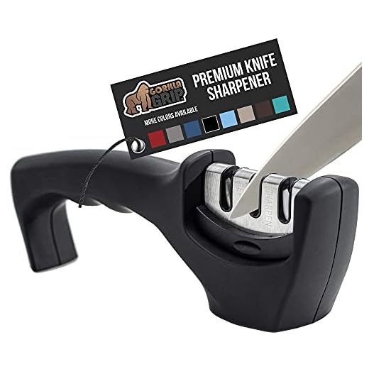 Gorilla Grip Best Knife Sharpener, Easy to Use, 3 Sharpening Options to Help Polish Sharpen and Repair Kitchen Knives, Restore Dull Blades, Slip Resistant Handle, Professional Chef Quality, Jet Black