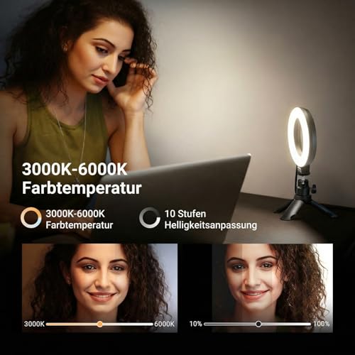NEEWER BASICS 5' Ringlicht mit Klemme und Mini Stativ, 10W 3000k-6000K Dimmbares Ansteckleuchte für Laptop Computer Monitor Videokonferenzen Selfie, Vlog Makeup, Live Streaming, Videoaufnahmen, BR60
