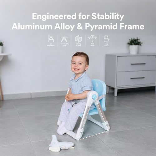 Image of Apramo 3-in-1 Toddler Booster Seat for Kitchen Chair & Dining Table with Removable Tray and Safety Straps, Portable& Foldable Babies Chair for Table, Feeding, Floor & Travel, Blue