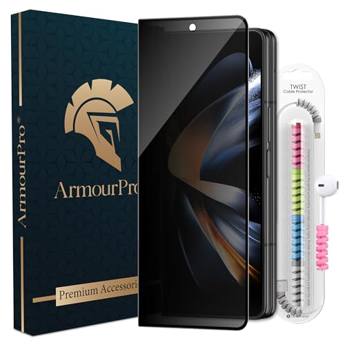 Image of ArmourPro Privacy Tempered Glass for Samsung Galaxy Z Fold 4, Anti Spy Anti Peeping Screen Protector, Edge-to-Edge Full Coverage, 9H Hardness with Cable Protector | Black
