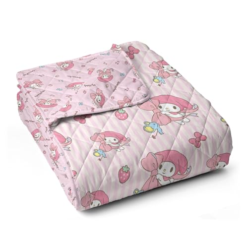 Image of Northwest Sanrio My Melody Stripes Quilted Throw, Kawaii Comfy Reversible Throw, Gift for Anime Fans, Soft & Cozy for Chair or Couch, 60 x 80 inches