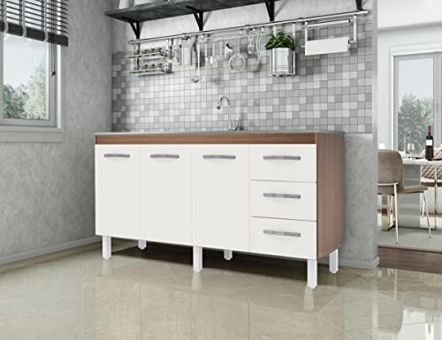 Balcão Cozinha Armário Gabinete para Pia de 150 cm Diana 3 portas e 3 Gavetas Savana frente Off-Whit