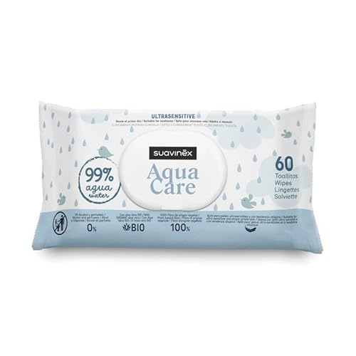 Suavinex, Confezione da 60 salviettine Aqua Care per neonati, salviettine umidificate 99% acqua, 0% alcool e profumi, 100% fibra vegetale, con aloe vera BIO, adatte per pelli ultra sensibili