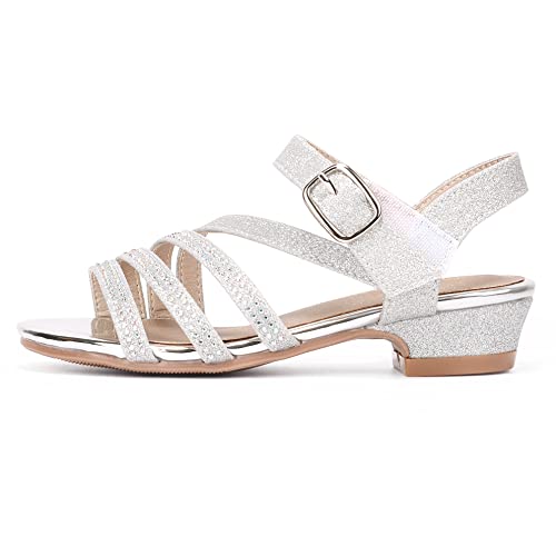 Pandaninjia Girls Heels Open Toe Low Heel Dress Pump Sandals Flower Girls Wedding Party Shoes For Toddler Little Kid Big Kid (Silver Glitter, 3 M Us Little Kid) #TOP5