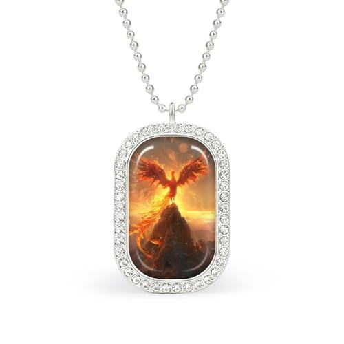 Image of Phoenix Bird with Flames Pendant Necklace for Women Fashion Square Gold Sliver Chain Diamond Bezel Jewelry for Women Men Silver-style