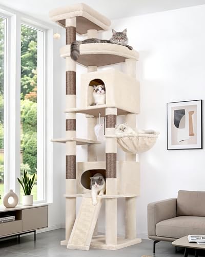 Globlazer Arbre à Chat Beige XXL 215 cm avec 2 Immense Niches, Extra-Large Plateformes, Pente...