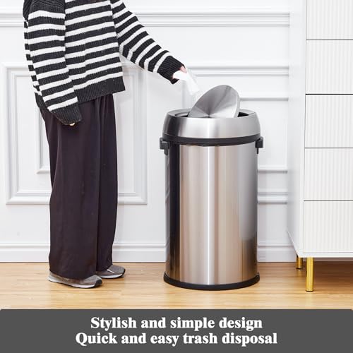 Image of 17 Gallon /65 Liter Stainless Steel Swing Top Trash Can, Heavy Duty Round Trash Bin with Swing Lid, Commercial Large Garbage Can, Ideal for Kitchen, Restaurant, Office, Silver