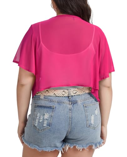 Image of Women Crop Cardigan Sheer Mesh Bolero Shrugs for Dresses Plus Size Tie Front Cardigans Ruffled Short Sleeve Tops