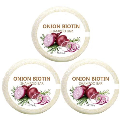 Onion Biotin Shampoo Bar - 3 X 60G Champú Sólido Con Romero Y Cebolla, Reduce La Caída Y La Rotura Del Cabello, Limpia E Hidrata, Mejora El Cueros Cabelludo Fortalece El Cabello, Champús Sin Sulfatos