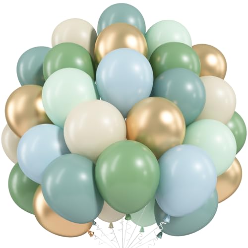 Image of Dusty Blue Green Balloons, 60 Pcs 12 Inch Haze Fog Blue Sage Green Balloons with Sand White Metallic Gold Balloon for Boho Baby Shower Wedding Birthday Engagement Bridal Shower Party Decoration