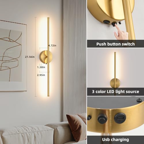 Image of Wall Sconces Battery Operated Set of Two, Gold LED Wireless Wall Sconce with Remote Control 350 Rotate, 27.6 Inch Dimmable USB Rechargeable wall Lights for Living Room Bedroom Hallway