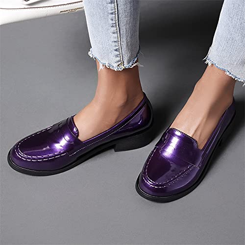 Elbslutt Women's Patent Leather Loafers Low Chunky Heel Slip On Pumps Round Toe Casual Shoes4