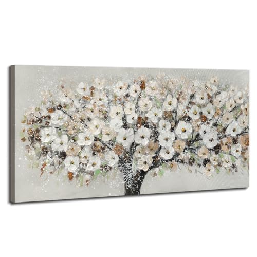 WENGTIAO Grande Albero Floreale Quadro Dipinto a Mano, Pittura Acrilica, Quadri Moderni Astratta con Texture, Quadro Fiori Bianco su Tela per Soggiorno Decorazioni Parete 120x60 cm