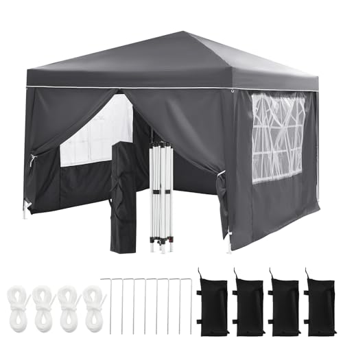 10x10 Pop Up Canopy with 4 Sidewalls, Outdoor Portable Instant Canopy Tent, Outdoor Canopy, Waterproof Pop Up Tent, Versatile Gazebo for Camping, Outdoor Parties, Backyard,Beach Activities,Grey