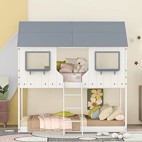 Bellemave Low Bunk Beds Wood Twin Over Twin Bunk Bed House Bed Frame With Roof Kids Bedroom Furniture House Bed For Kids And Toddlers, White #TOP2