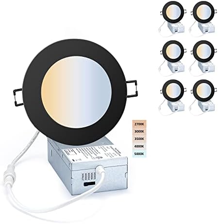 POPANU LED-Canless Downlight Recessed Lighting 4-inch 5 CCT Adjustable Dimmable Recessed Lights Fixture with Junction Box, Ceilling Light with Junction Box, 2700-5000K, 9W, Black Finish, 6 Pack