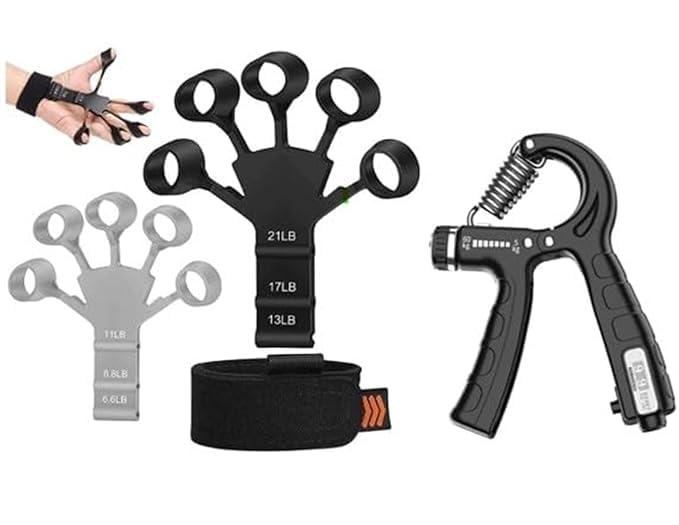 xyno Hand and Finger Gripper Combo - Exercise Set with Counter Timer for Strength and Dexterity, Silicone, Black