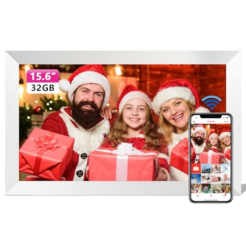 Frameo 15,6 Zoll Frameo Digitaler Bilderrahmen WiFi - 1920x1080 FHD IPS Bildschirm Touchscreen, Eingebauter 32 GB Speicher, Auto Drehen, Elektronischer Bilderrahmen per App zum Teilen von Fotos