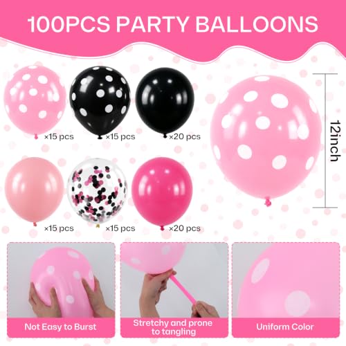 Image of TONIFUL 100 Pack Black and Pink Polka Dot Latex Balloons for Girl's Birthday Bachelorette Bridal Baby Shower Graduation Engagement Girls Night Rock Party Decor