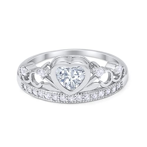 Blue Apple Co. Heart Crown Ring Half Eternity Simulated Cubic Zirconia 925 Sterling Silver Choose Color