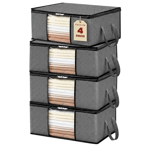 JUPPLIES Cajas Almacenaje Ropa 35L – 35,5x50x18,5cm – Bolsas Almacenaje de Ropa con Ventana Transparente, Cremallera Bidireccional Mejorada y Asas Reforzadas – Organizadores de Armario (Pack 4)