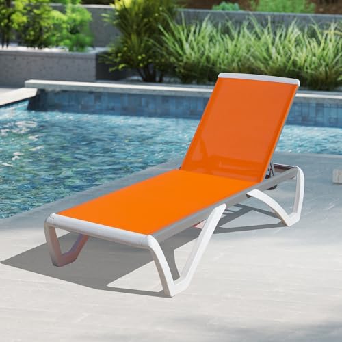 Image of Domi Outdoor Lounge Chair, Aluminum Patio Chaise Lounge with 5 Position Adjustable Backrest and Wheels, All Weather Reclining Chair for Patio, Yard, Balcony, Poolside (Orange)