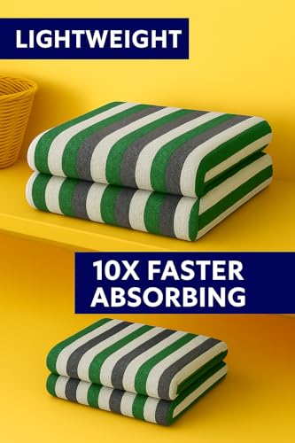 Image of Cortina Stripe Printed Microfiber Towels for Bath Large Size-Super Soft Coral Fleece Bathing Towel with Hook Quick Dry Super Absorbent-Bath Towel for Men and Women-70x140 cm [ Green ]
