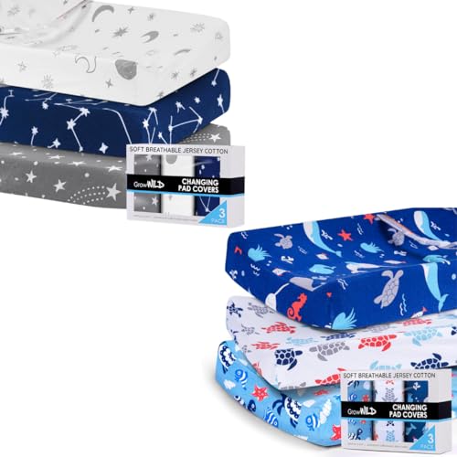 Image of 6 Pack Changing Pad Covers - Soft & Stretchy Jersey Cotton Diaper Changing Pad Covers - Blue Whale Ocean and Moon Stars Constellation Bundle