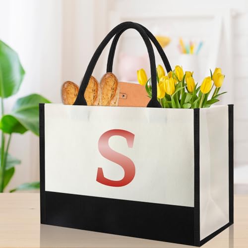 Image of Monogrammed Initial Canvas Tote Bag Gifts for Women Friends Coworker Mother in Law , Gifts for Women Who Have Everything, Beach Work Bag Gift for Birthday, Wedding, Christmas, Anniversary- Letter S