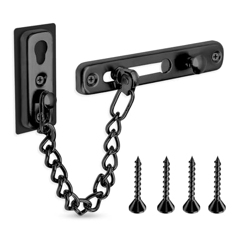 ExeQianming - Door Chain Lock, Stainless Steel Theft Door Chain with 4 Screws, Security Door Latch Lock for Bedroom, Inside Door, Home, Hotel (Black) - 4.3/5