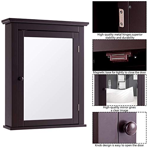 Tangkula Bathroom Cabinet With Mirror, Mirrored Wall-Mounted Storage Medicine Cabinet With Single Door & Adjustable Shelf In 5 Positions, Multipurpose Wall Cabinet For Bathroom Vestibule (Brown) #TOP4