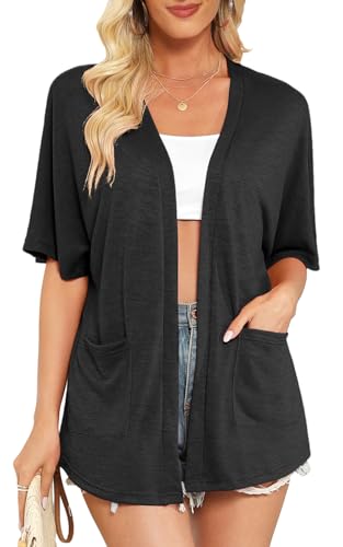 Womens Short Sleeve Kimono Cardigans Lightweight Summer Cardigan Casual Loose Beach Cover Up Curved Hem with Pockets
