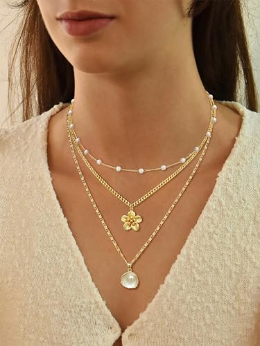 ASCOMY Gold Necklace for Women 14K Gold/Silver Plated Layered Necklaces Stackable Layering Cross Necklace Stacked Coin Pendant Pearl Herringbone Chain Stacking Gold Choker Trendy Jewelry Gift for Her2