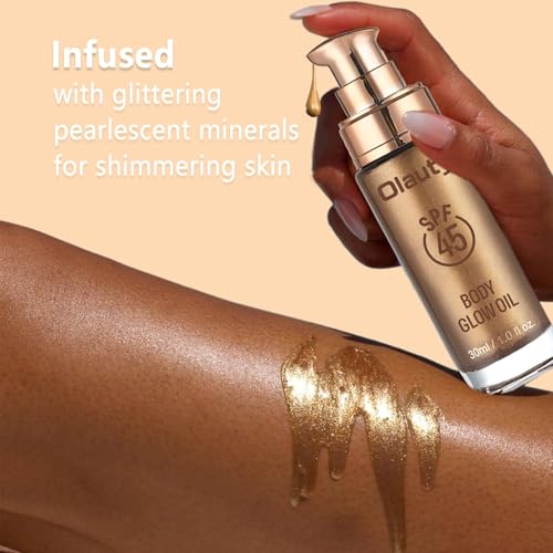 firstfly Shimmer Oil, SPF 45 Sunscreen Body Makeup Waterproof No Transfer Body Luminizer Lotion Glow for Women, Liquid Illuminator Bronzer, Long-lasting, Radiance Skin (01#Rose Gold)
