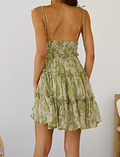 Image of Mansy Womens 2026 Summer Floral Mini Dress Boho Flowy Skater Dresses Short Sleeveless Ruffle Spaghetti Strap Dress