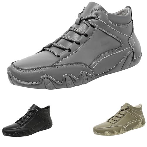 Zapatillas de deporte para hombre, de piel de media altura, deportivas, de piel, monocolor, antideslizantes, informales, para caminar, suela plana, cómodas, gris, 40 EU