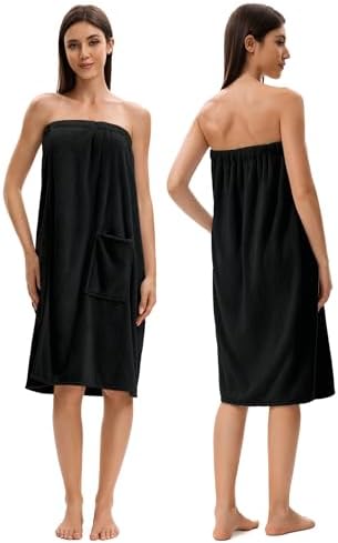 Towel Wrap For Women After Shower，Plush Bath Robe Female，Sauna Spa Wrap Around Towels With Pockets (US, Alpha, One Size, Regular, Regular, Black)