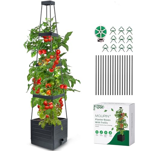 MQUPIN Tomatoes Planter Boxes Raised Garden Bed with Trellis for Climbing Vegetables Plants Self-Watering Planter Boxes Outdoor Adjustable Vine Support