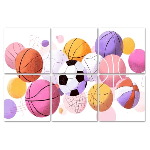 6 Pack Art Acoustic Panels Sound Absorbing Sports Theme Cartoon Basketball Football Soccer Ball Basketballs Decorative Soundproof Wall Panels Self Adhesive for Nursery Game Room Bedroom 72"x48"